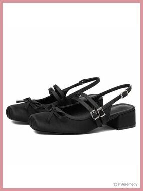 Slingback Satin Ballet Flats Mary Jane Block Heel Pumps for Women